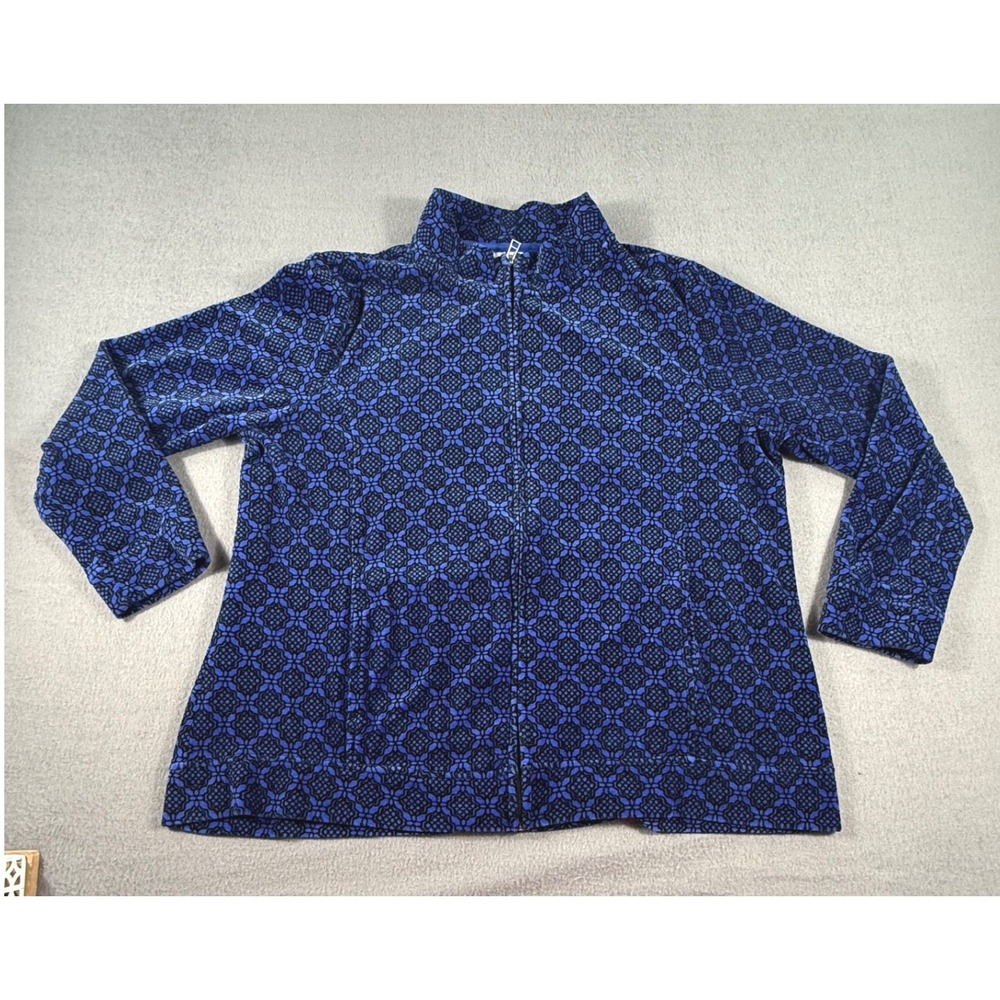 Kim Rogers Petite PXL Blue Black Zip Jacket Geometric Print Stretch Top Casual